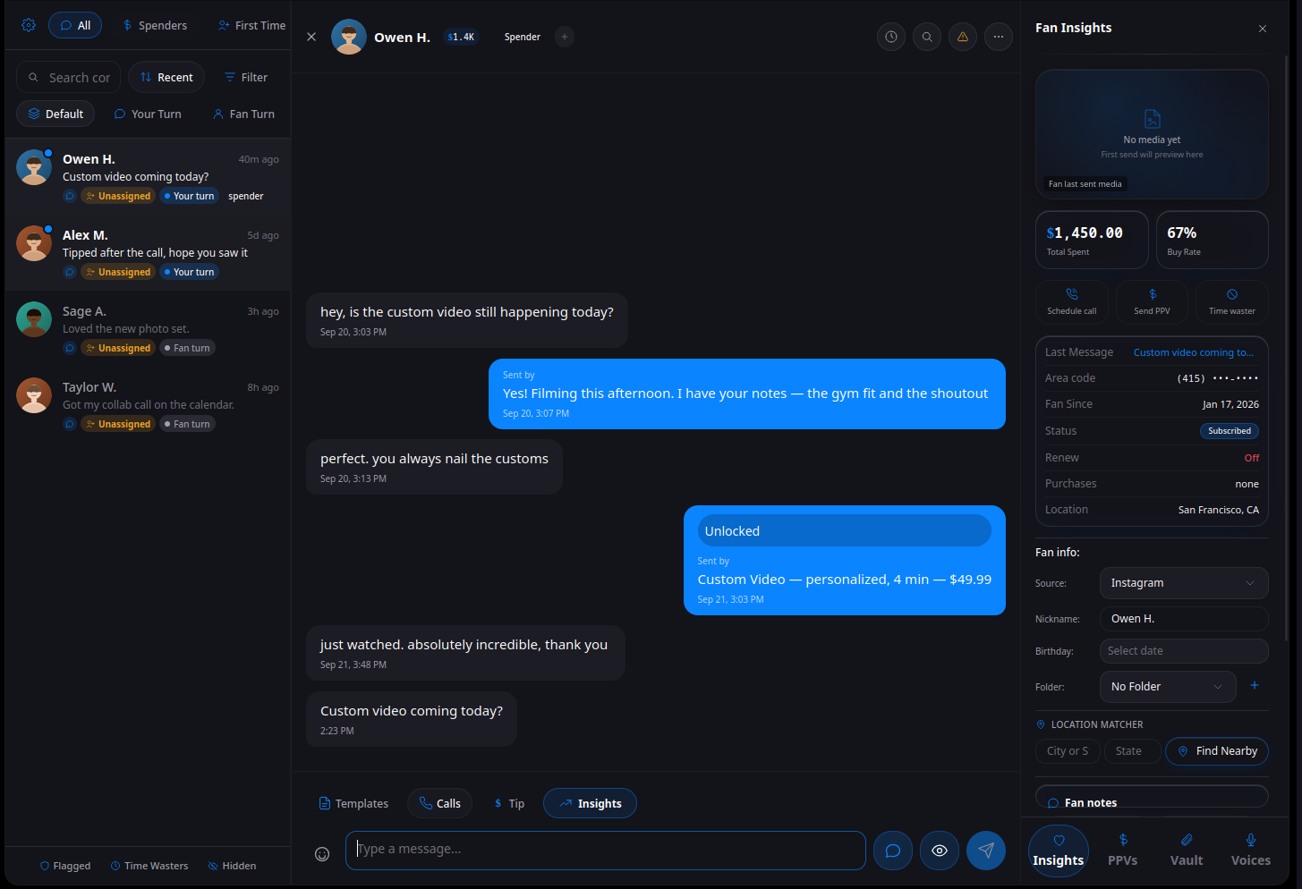 The Let'sText inbox with a fan thread and the fan insights panel
